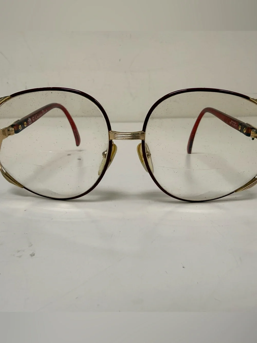 Vintage 70’s Large Christian Dior Gold Frame Glasses with Red Temples